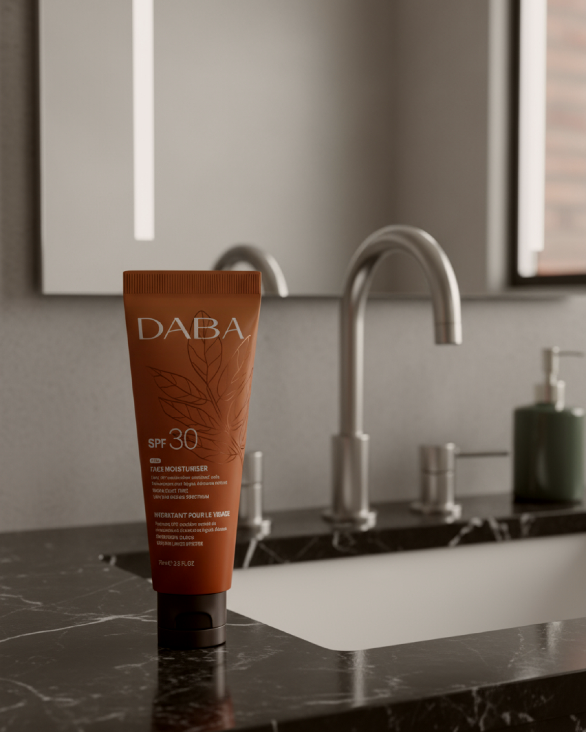 DABA sunscreen tube on a bathroom counter with a sink in the background